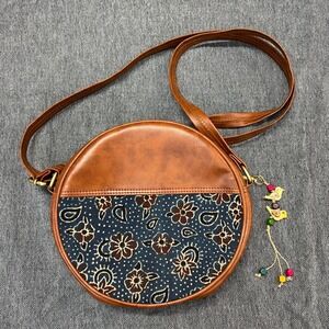 Round Faux Leather Boho Crossbody Bag with Floral Print and Beaded Charm